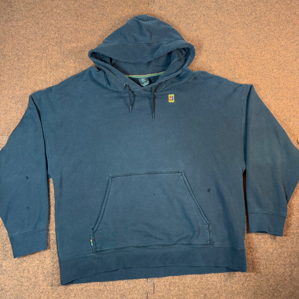 Nike Court Heritage Hoodie Mens XL Black Faded Fleece Pullover Distressed Logo